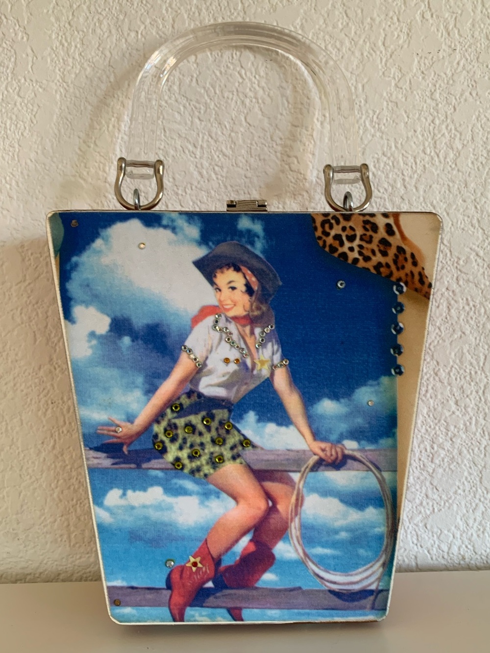 Vintage-Inspired Blue Pinup Cowgirl Wooden Tote